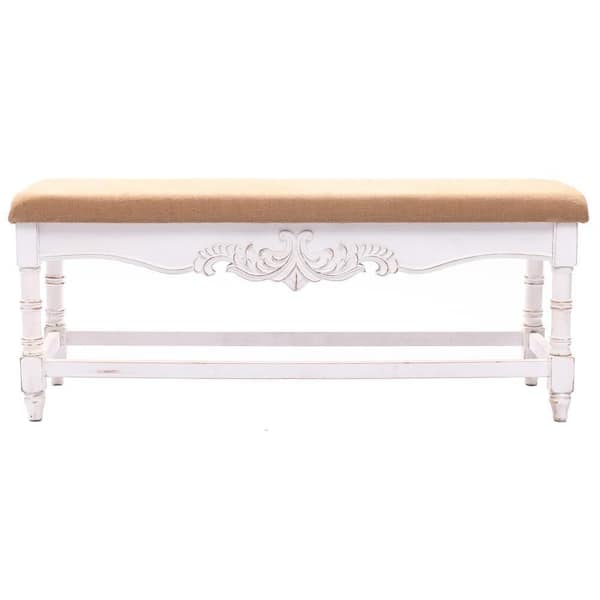 LuxenHome White and Tan Upholstered Entry and Bedroom Bench with Cushion 19.29 in. x 47.6 in. x 15.74 in.