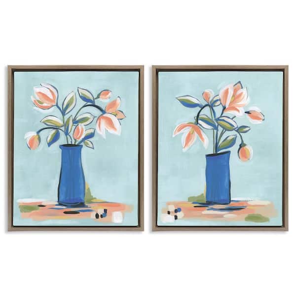 Stupell Industries Blue and Peach Flowers by June Erica Vess 2-Pieces Brown Floater Frame Nature Graphic Art Print 21 in. x 17 in.