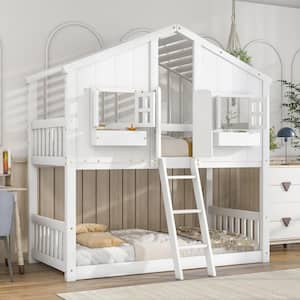 White Twin over Twin House Bunk Bed with Roof, Window, Window Box, Door and Ladder