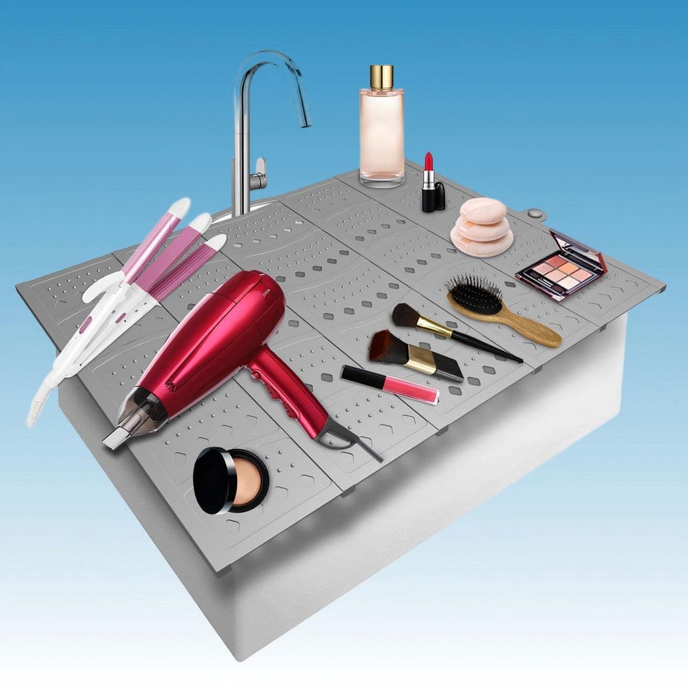 20.2 in. x 15.8 in. Silicone Sink Front Makeup Organizer Mat, Sink Top Cover Space Saver for Over Countertop, Grey