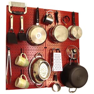 Kitchen Pegboard 32 in. x 32 in. Metal Peg Board Pantry Organizer Kitchen Pot Rack with Red Pegboard and Black Peg Hooks