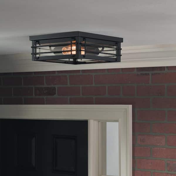 Hampton Bay Broward 13 in. 2-Light Black Outdoor Flush Mount Ceiling Light Fixture with Clear Glass