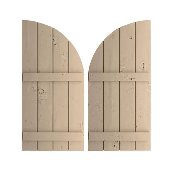 Ekena Millwork 22 in. x 36 in. Polyurethane Knotty Pin.e Four Board Join.ed Board-n-Batten Quarter Arch Top Shutters Primed Tan