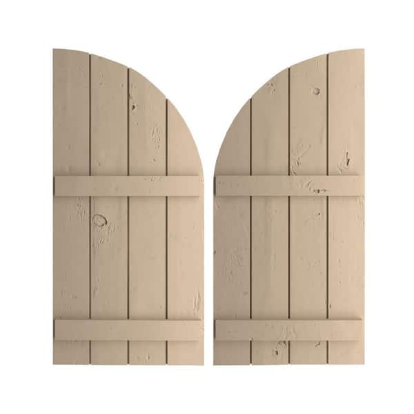 Ekena Millwork 22 in. x 72 in. Polyurethane Knotty Pine Four Board Joined Board-n-Batten Round Arch Top Shutters, Primed Tan