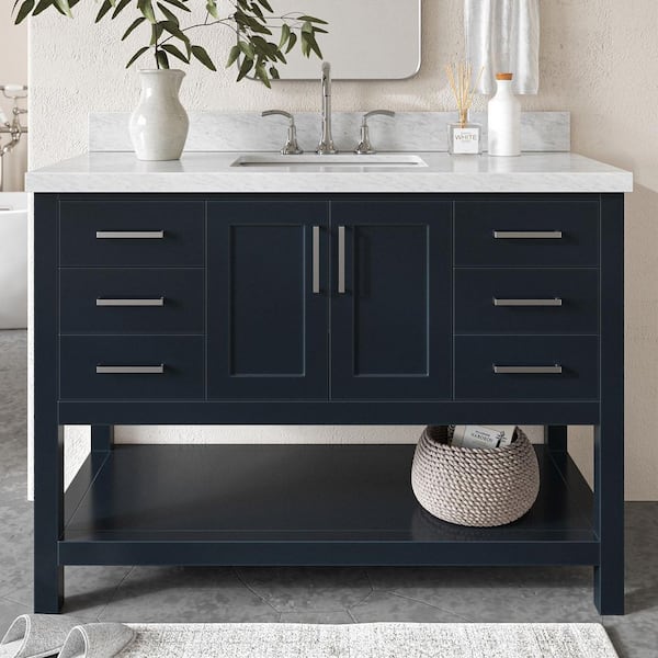 Magnolia 48 in. Single Sink Freestanding Bathroom Vanity in Midnight Blue with Carrara White Marble Top