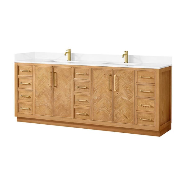 Jakarta 84 in. W x 22 in. D x 34 in. H Double Bath Vanity in Oak Natural Brown with Silk White Quartz Stone Top