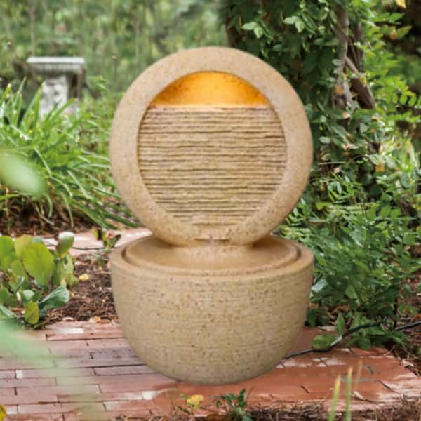 34.3 in. Cement Round Water Spitter Fountain with Light and Pump