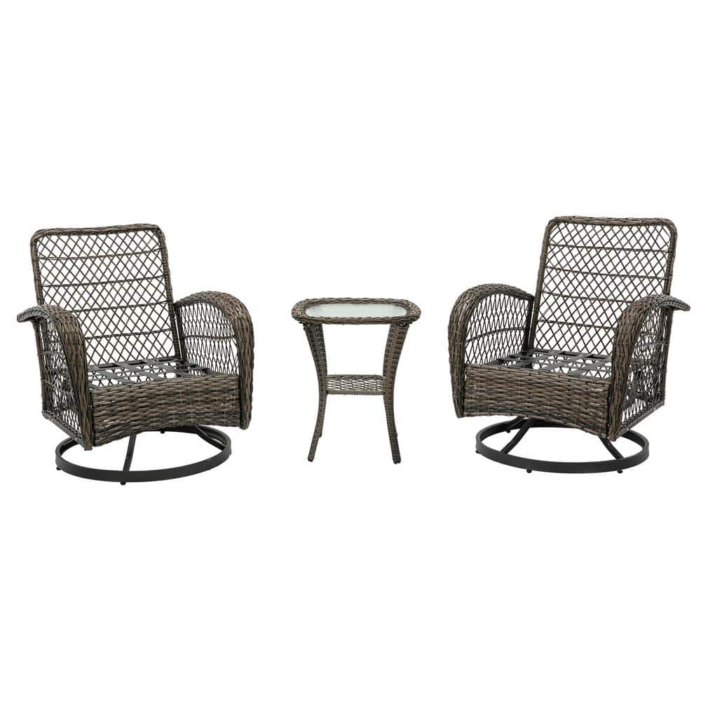 3-Piece Wicker Outdoor Bistro Set with Gray Cushions