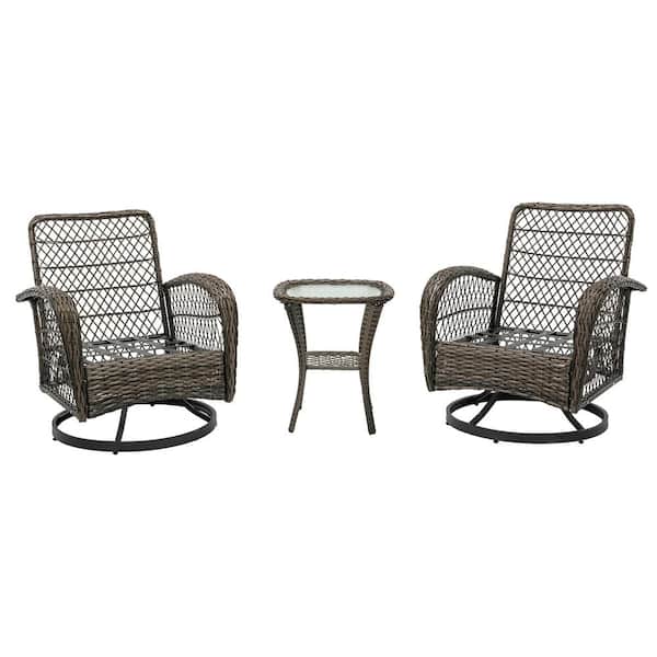 Unbranded 3-Piece Wicker Outdoor Bistro Set with Gray Cushions