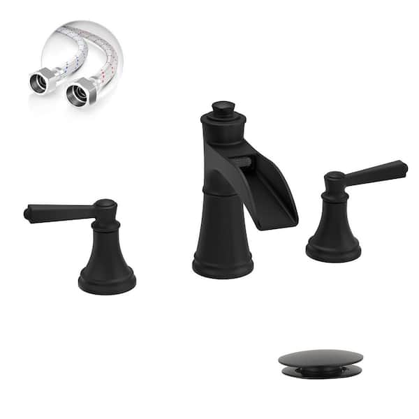 Waterfall 8 in. Widespread Double-Handle Black Bathroom Faucet Set 3-Holes Vanity Sink with Metal Drain in Matte Black