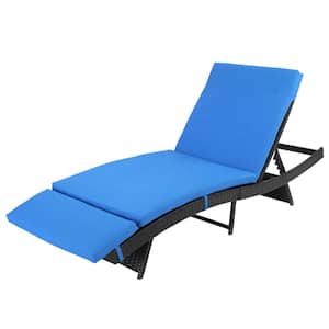 Black 1-Piece Wicker S Shape Outdoor Woven Rattan Wicker Chaise Lounge with Blue Cushion