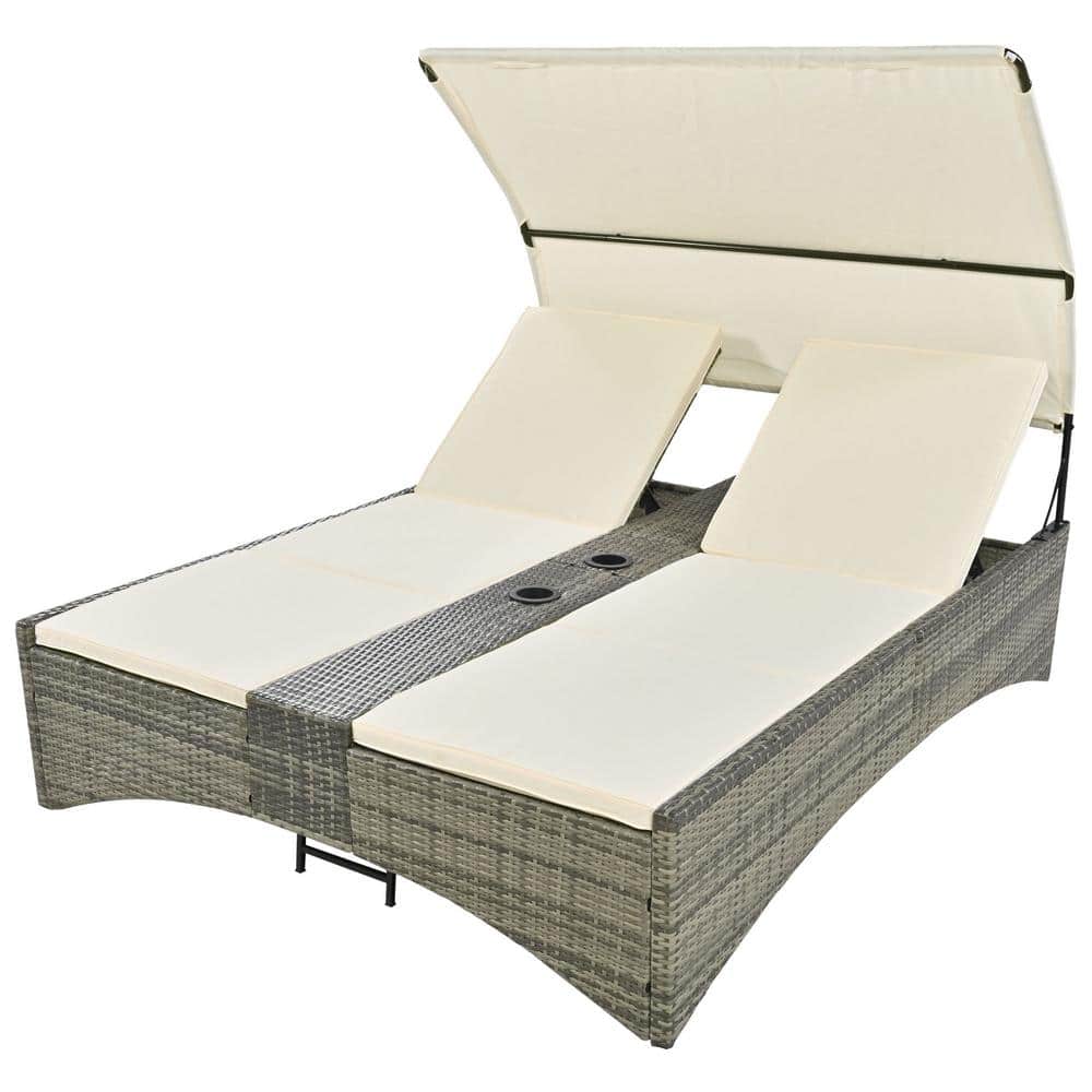 Outdoor Daybed Brown of 1-Piece Wicker Outdoor Chaise Lounge with Shelter Roof, Storage Box and Cream Cushions price history on PriceWatchPro