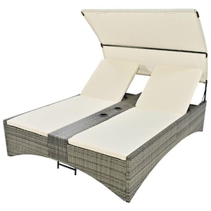 Outdoor Daybed Brown of 1-Piece Wicker Outdoor Chaise Lounge with Shelter Roof, Storage Box and Cream Cushions