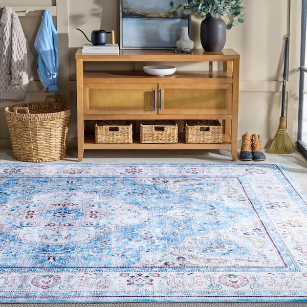 Martha Stewart Washable Turquoise/Beige 9 ft. x 12 ft. Machine Washable Medallion Border Area Rug