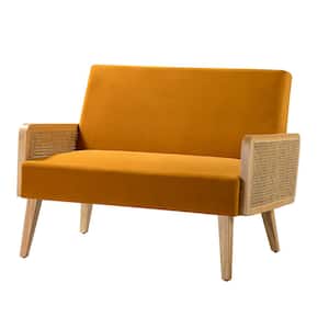 Criss 43 in. Velvet Tight Back 2-Seat Loveseat With Rattan Arm Design-Yellow