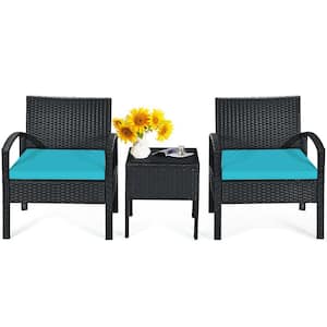3-Pieces Wicker Patio Conversation Set Outdoor Rattan Furniture with Turquoise Cushions