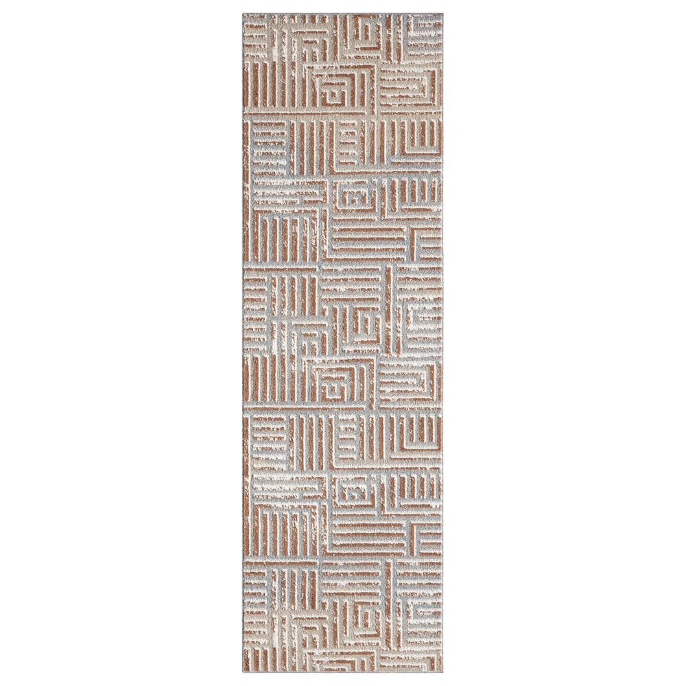 Elovia Modern Geometric Beige/Rust 2 ft. x 7 ft. Performance Washable ...