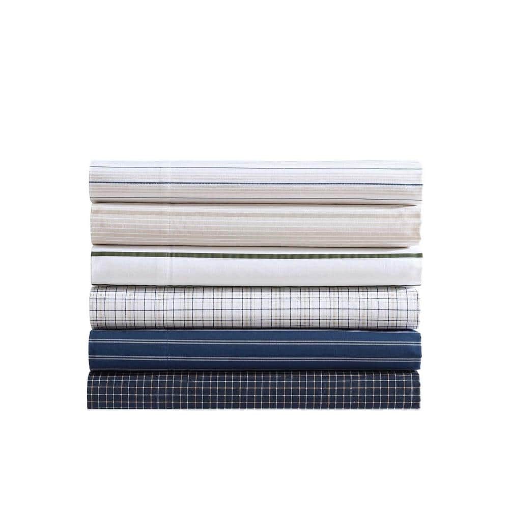 Twin XL Beige and Navy Cotton Percale Stripe Sheet Set