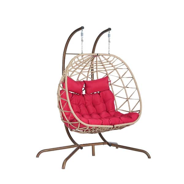 Sudzendf Modern Metal Large Light Yellow Ratten Double Seat Patio Swing Egg Chair with Red Cushions