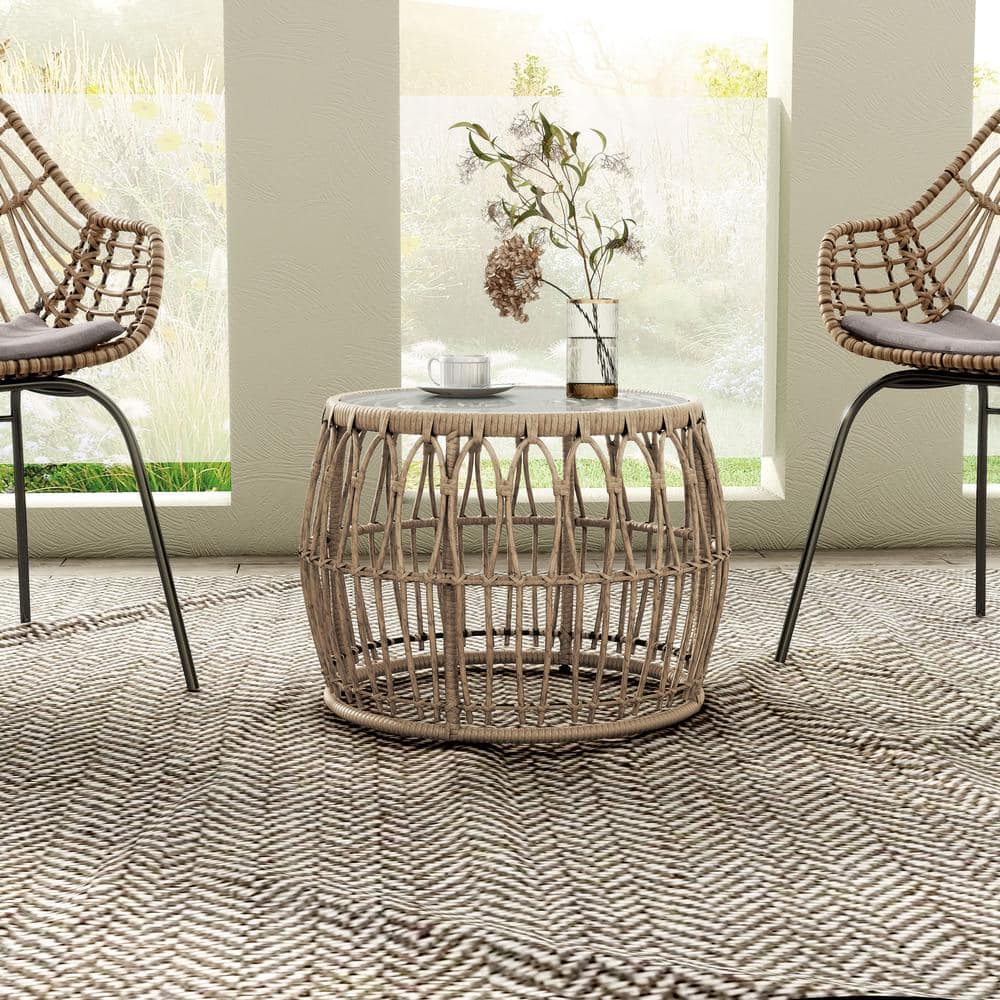 Natural Boho Rattan Round Coffee Table with Glass Top