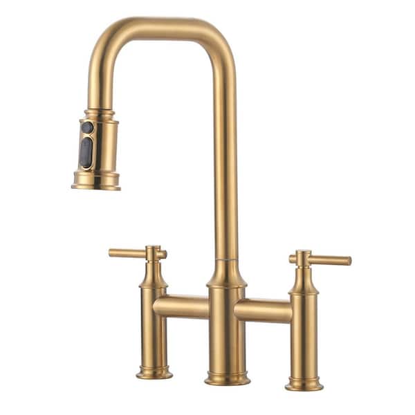2-Handle Bridge Kitchen Faucet with Pull-Down Sprayer and 360° Swivel Spout in Brushed Gold