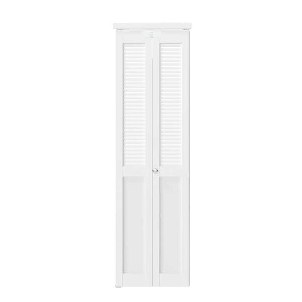 32 in. x 80 in. Half-Panel Louver Solid Core White PVC Covering MDF. Wood Bi-fold Door with Lock, Handle and Hardware