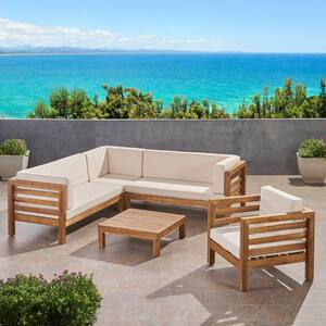 Oana Teak Brown 5-Piece Wood Patio Conversation Sectional Seating Set with Beige Cushions