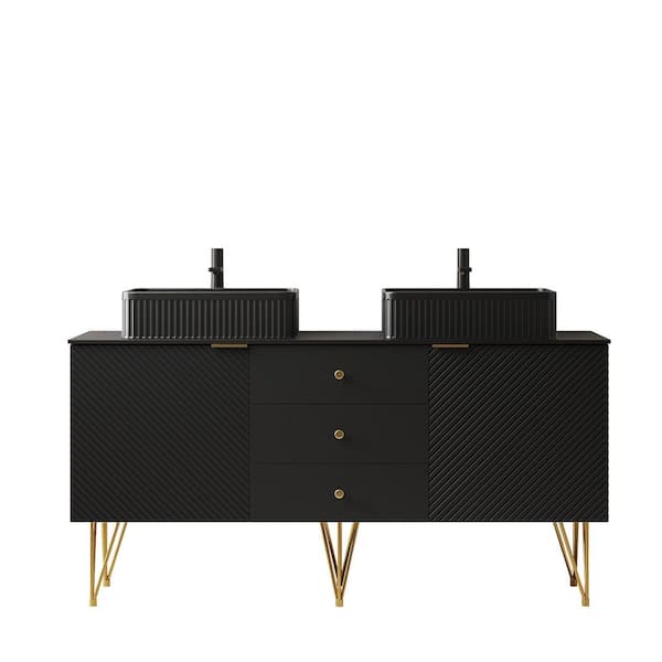 60 in. Freestanding Black Bath Vanity with Black Sintered Stone Top Assembled