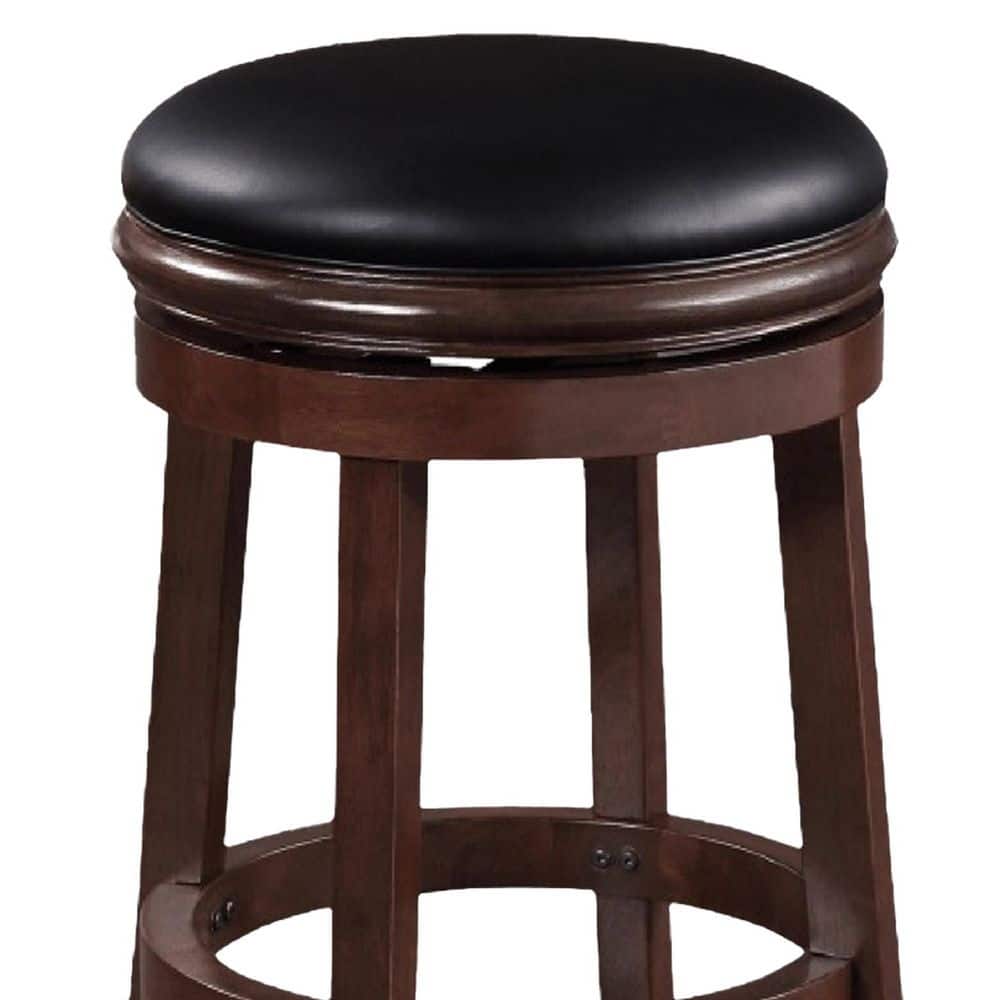 Espresso Swivel Adjustable Backless Barstool in Faux Leather and Wood