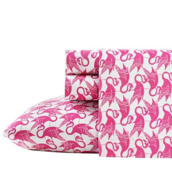 Poppy & Fritz Flamingos 3-Piece Pink Graphic 200-Thread Count Cotton Percale Twin XL Sheet Set