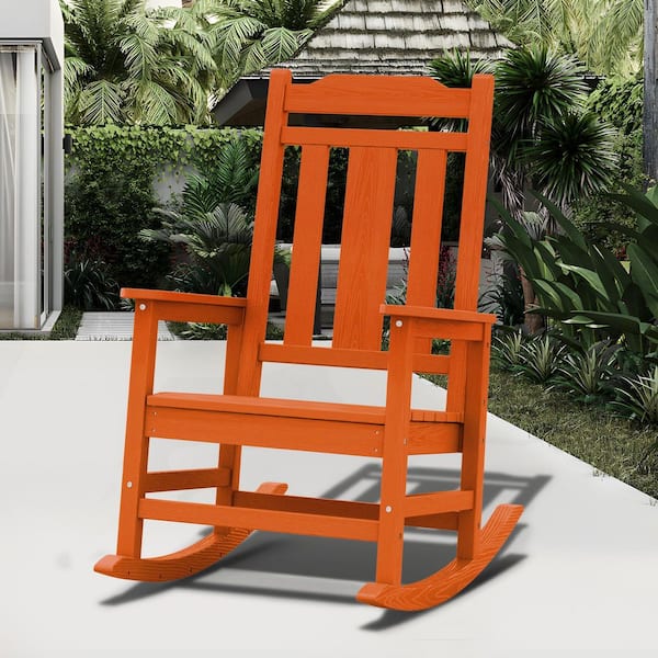 JEAREY Dark Orange HDPE Plastic Adirondack Chair Outdoor Rocking Chair for Patio and Garden (1-Pack)