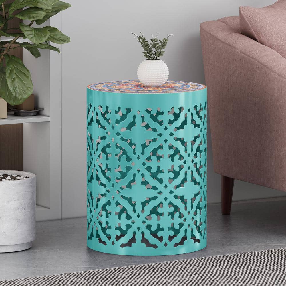 Elegant Multicolor Marble & Metal Round End Table with Lace Cut Design