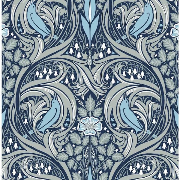 NextWall 30.75 sq. ft. Navy and Sky Blue Bird Ogee Vinyl Peel and Stick Wallpaper Roll