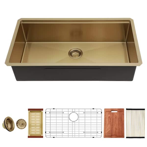 36 In. Undermount Workstation Kitchen Sink, 16 Gauge Stainless Steel Sink with Gold Nano-Coating