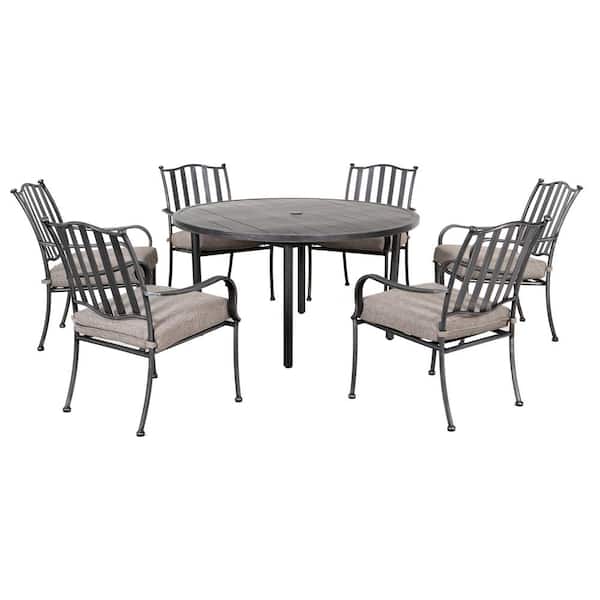 Pacific Casual Columbus Circle 7-Piece Metal Round Outdoor Dining Set with Light Brown Cushion