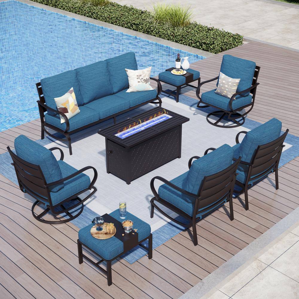 PHI VILLA Metal 9 Seat 8-Piece Outdoor Patio Conversation Set with Peacock Blue Cushions Swivel Chairs Rectangular Fire Pit Table