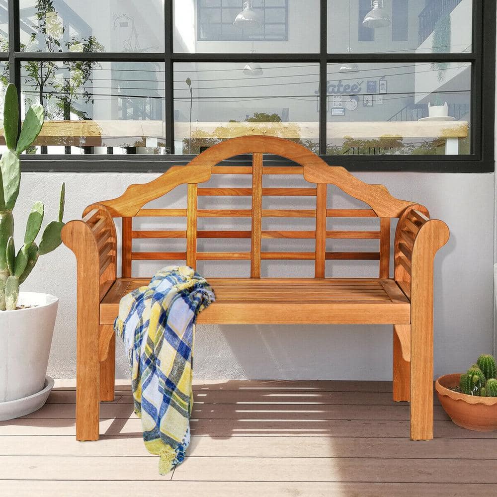 49" Eucalyptus Wood Outdoor Folding Bench with Backrest and Armrest