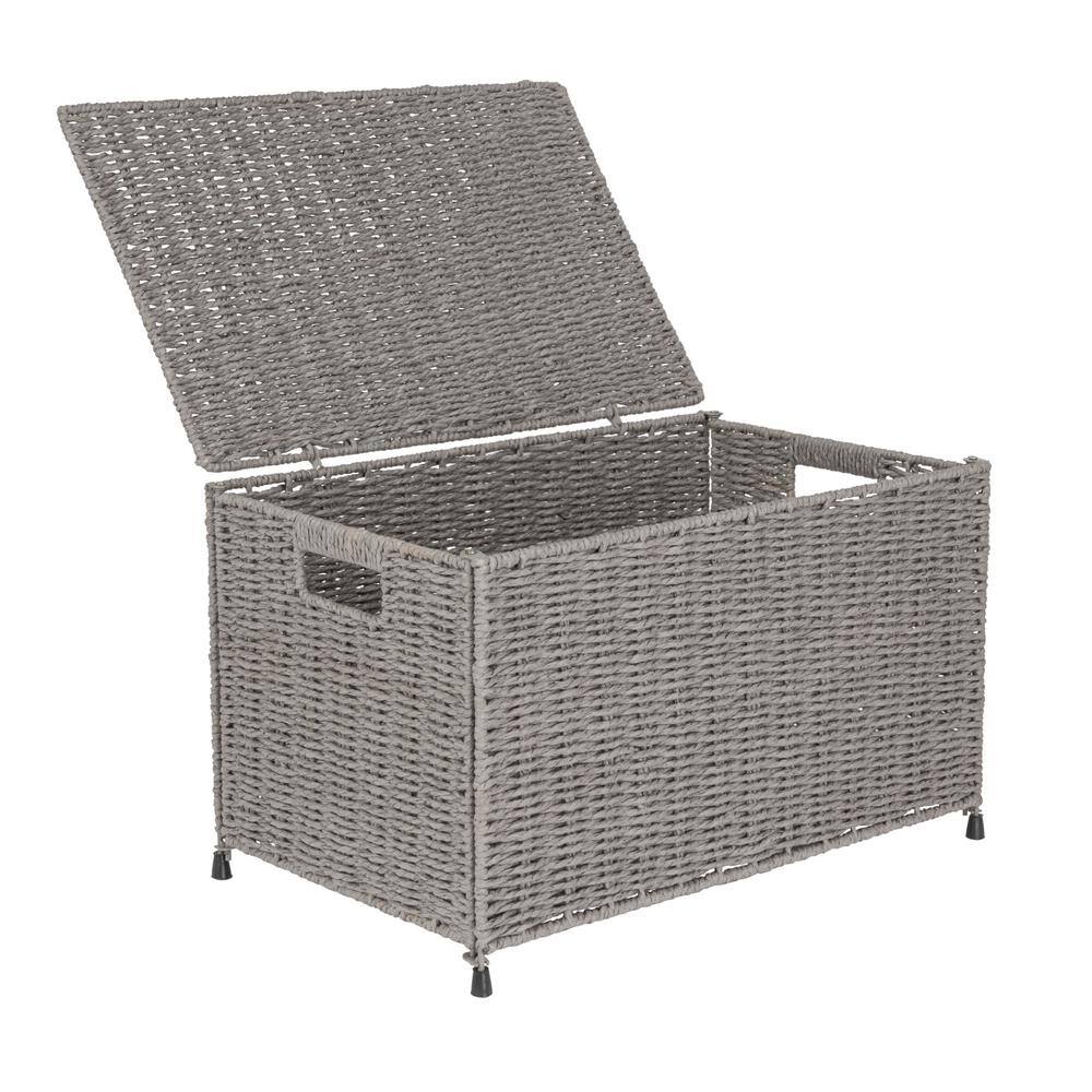 Gray Handwoven Paper Rope Storage Chest with Hinged Lid and Handles