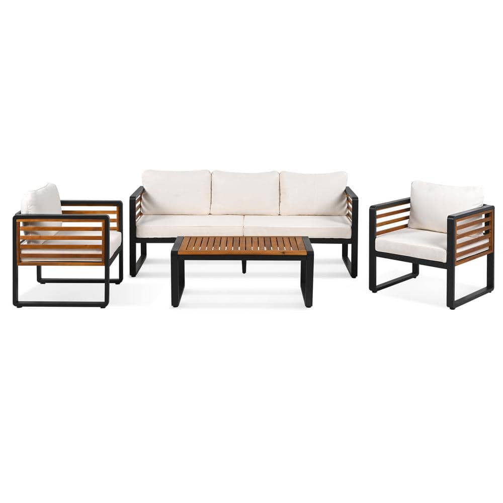 4-Piece Metal & Wood Outdoor Patio Conversation Set with Beige Removable Cu