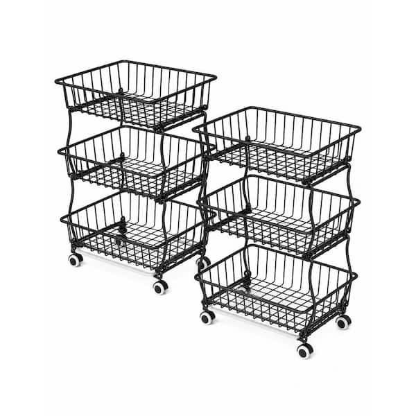 3-Tier Rolling Pantry Storage Cart with Wheels and Stackable Wire Baskets for Kitchen Fruit and Snacks