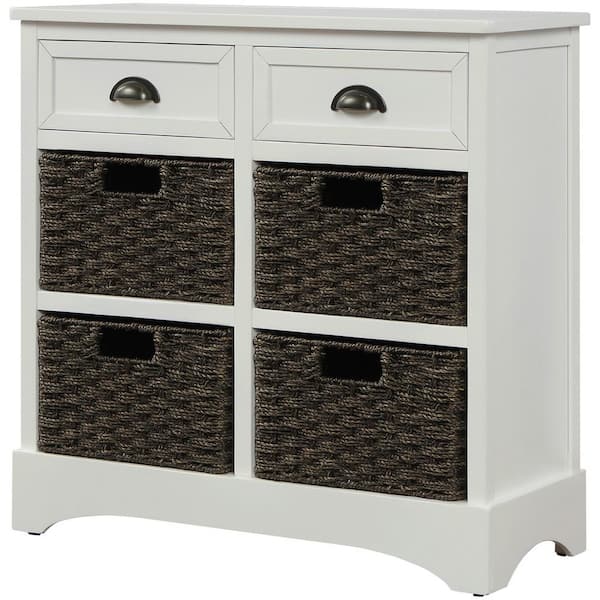 Qualfurn White Rustic Storage Cabinet With 2 Drawers And 4 Baskets Ctm193442k The Home Depot Qualfurn White Rustic Storage Cabinet, White Storage Furniture With Baskets