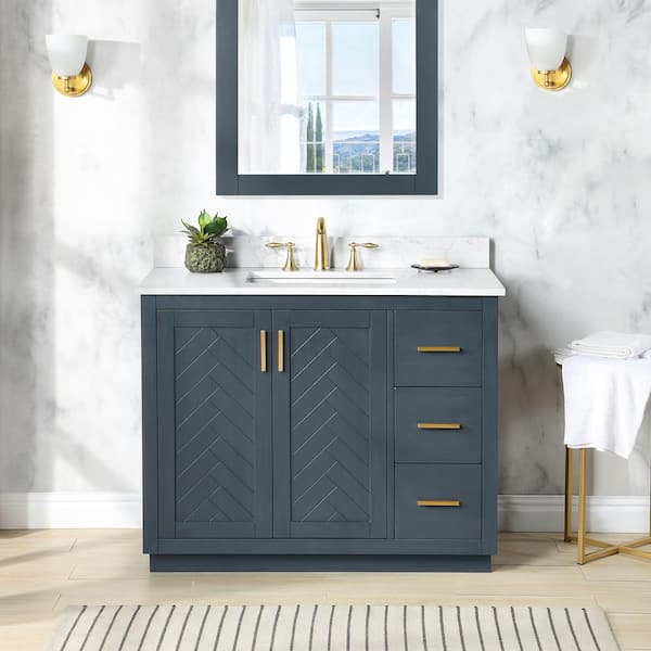 Gazsi 42 in. W x 22 in. D x 34 in. H Bath Vanity in Charcoal Blue with Grain White Composite Stone Top