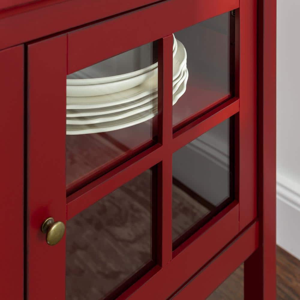 Antique Red Farmhouse Console with Glass Doors and Storage