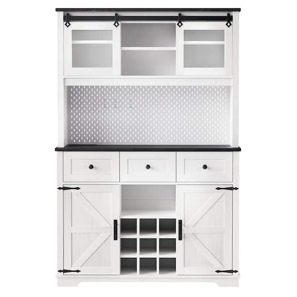 47 in. W x 14 in. D x 71 in. H White Wood Linen Cabinet with Sliding Door, 2 Power Outlet, Wine & Glasses Rack in White