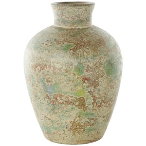 Antique Style Textured Ceramic Decorative Vase with Green and Copper Accents, Brown