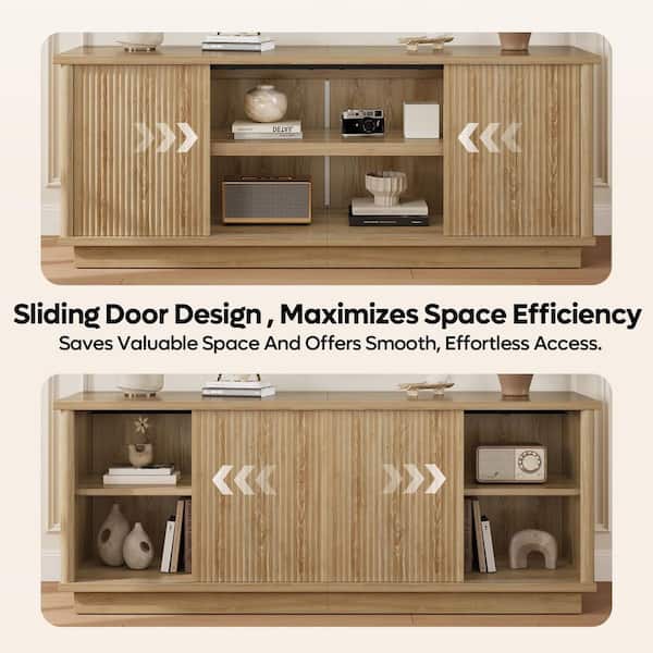 65 in. Modern Natural Oak TV Stand Fits TVs up to 70 in. with Fluted Sliding Door and Storage Cabinet
