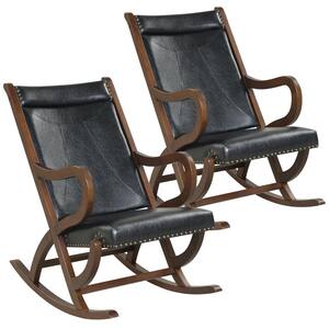 Wood Outdoor Rocking Chair with PU Cushion Modern Rocker w/Rubber Wood Frame Black (Set of 2)
