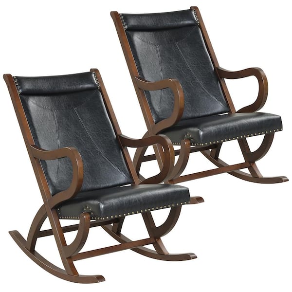 Costway Wood Outdoor Rocking Chair with PU Cushion Modern Rocker w/Rubber Wood Frame Black (Set of 2)