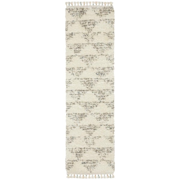 AVERLEY HOME Avalon Ivory/Multi-Colored 2 ft. x 8 ft. Geometric Triangles Polypropylene Shag Tassel Indoor Runner Area Rug