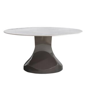 Modern Round White Chanel Rock Stone Tabletop 59.06 in. Gunmetal Grey Stainless Steel Pedestal Dining Table (6 Seats)